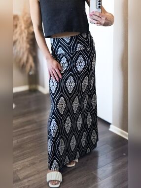 Azules Black White Aztec Print Maxi Skirt Boho Southwestern Made in USA Large
